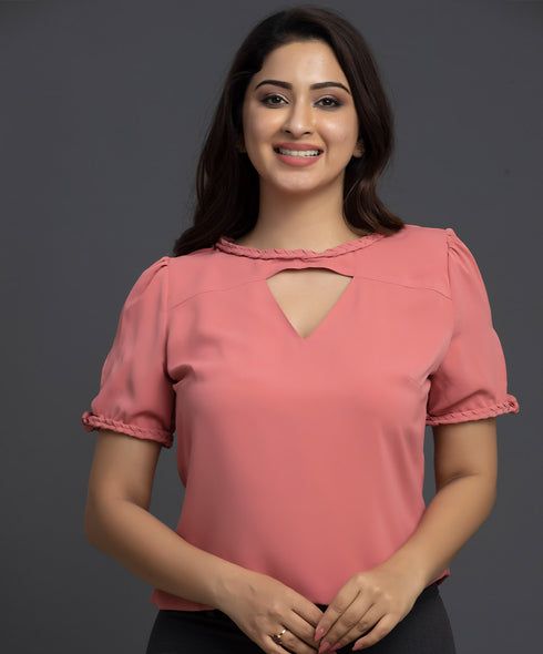 Braided Sleeve Neck Detailed Chiffon Top-Pink